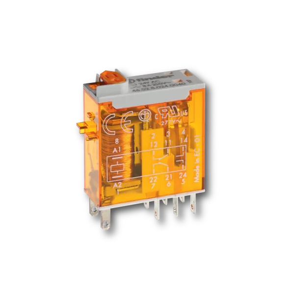 RELEU INDUSTRIAL MINIATURIZAT FISABIL TERMINALE LAMELARE(2.5X0.5MM) PRETABILE SI PENTRU COSITORIRE ALIMENTARE 110VC.A. 2C 8A AGNI CU BUTON DE PROBA BLOCABIL+ INDICATOR MECANIC+ LED