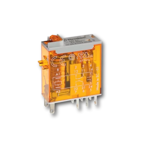 RELEU INDUSTRIAL MINIATURIZAT FISABIL TERMINALE LAMELARE(2.5X0.5MM) PRETABILE SI PENTRU COSITORIRE ALIMENTARE 230VC.A. 2C 8A AGNI CU BUTON DE PROBA BLOCABIL+ INDICATOR MECANIC+ LED