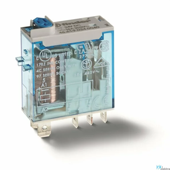 RELEU INDUSTRIAL MINIATURIZAT FISABIL TERMINALE LAMELARE TIP FASTON 187 (4.8X0.5MM) ALIMENTARE 24VC.C. 1C 16A AGNI CU BUTON DE PROBA BLOCABIL+ INDICATOR MECANIC