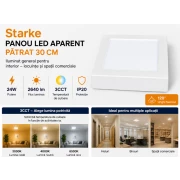 Panou LED aplicat 24W patrat 3CCT 30cm 2640lm, ST02669