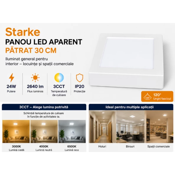 Panou LED aplicat 24W patrat 3CCT 30cm 2640lm, ST02669