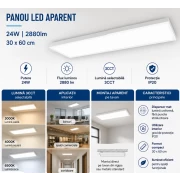 Panou LED aparent 24W 3CCT 30X60 IP20 2880LM
