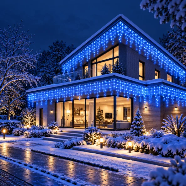 Ghirlanda Craciun 180 LED albastra de exterior cu cablu alb 5mX0.7m