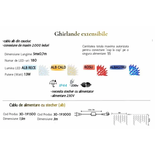 Ghirlanda Craciun 180 LED albastra de exterior cu cablu alb 5mX0.7m